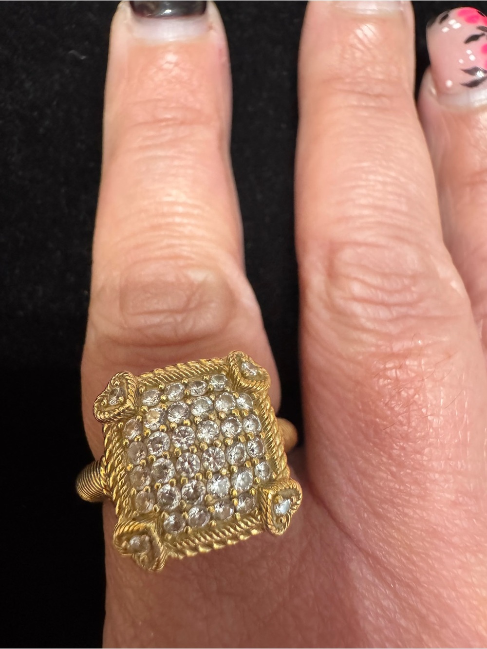 Judith Ripka Gold and Clear Pave Square Ring with hearts size 9